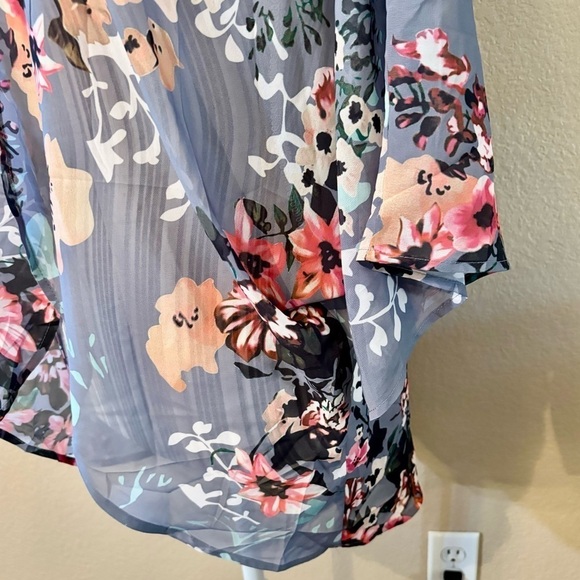 Open Cardigan Blouse Large Grey Floral Pink Gold Peach Sheer Mandarin - Picture 7 of 14
